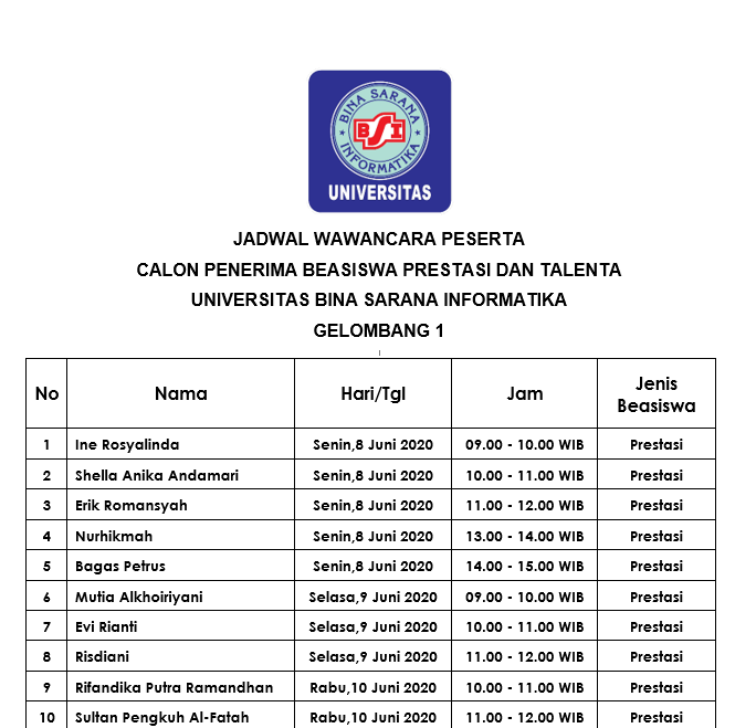 Daftar Peserta yang Lolos Administrasi Beasiswa UBSI Batch 1